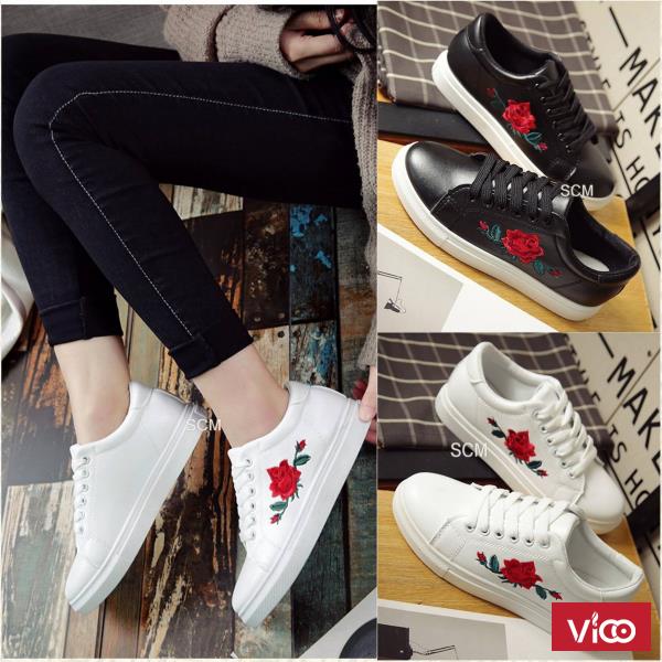 Bán giày sneaker nữ độn đế thêu hoa hồng trắng