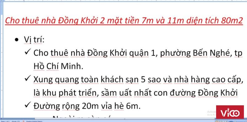 Cho thuê nhà Đồng Khởi 2 mặt tiền 7m và 11m diện tích 80m2