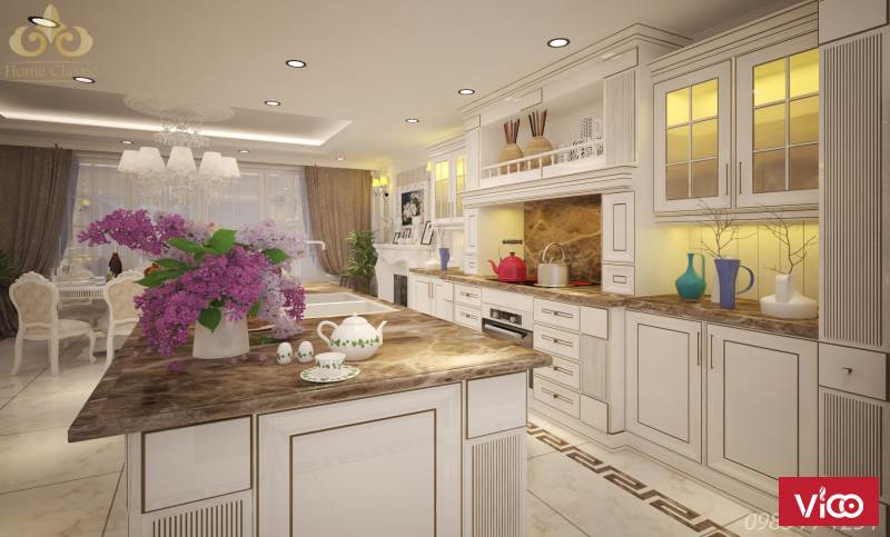 Thiết kế, thi công nội thất phòng bếp tân cổ điển cổ điển 100