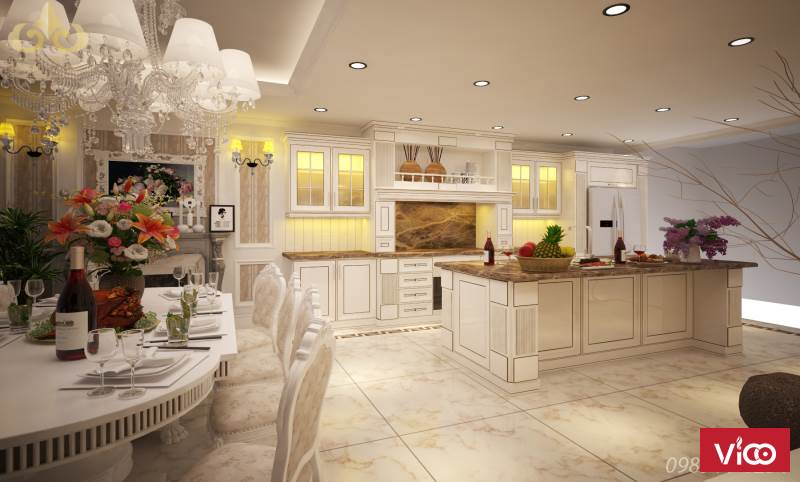 Thiết kế, thi công nội thất phòng bếp tân cổ điển cổ điển 100