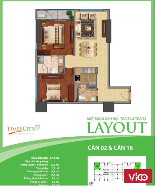 Times City Cho thuê Times City, căn góc 2 phòng ngủ đều có cửa sổ, view cực đẹp