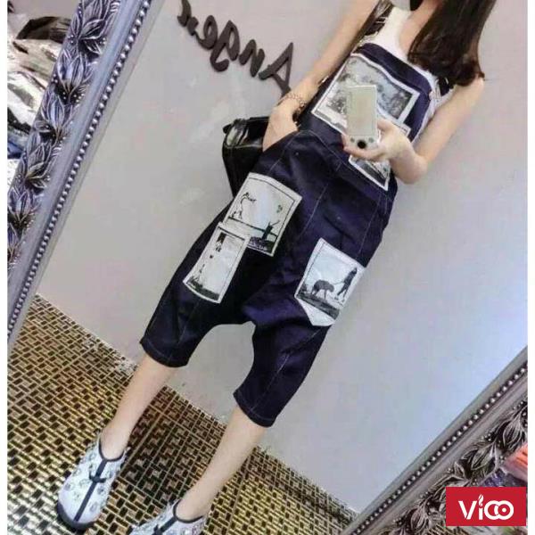 Quần jeans yếm đáy thụng Mã QL248