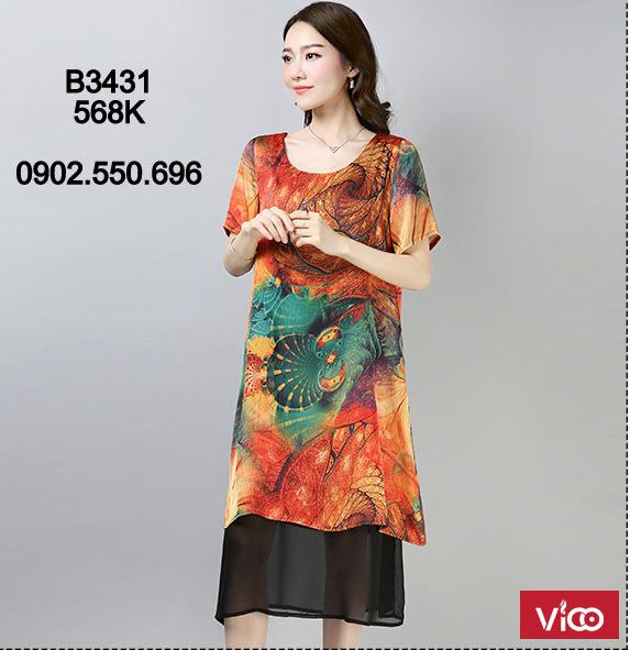 Đầm Voan Giấu Bụng Họa Tiết Sành Điệu B3431