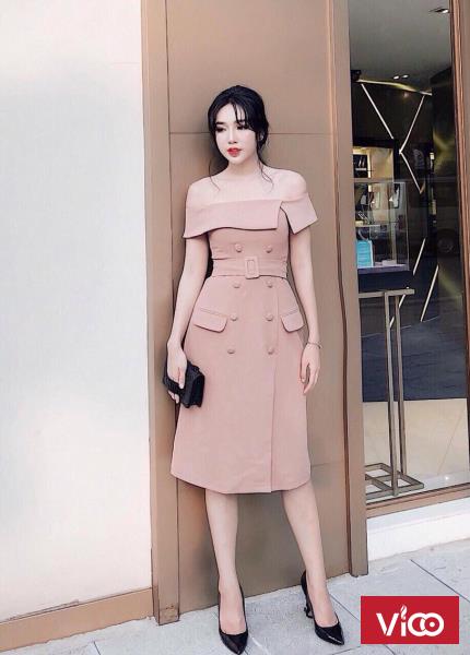 Đầm trễ vai đóng nút kèm belt cực xinh