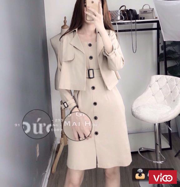 Sét bộ đầm ống 2 dây kèm belt áo khoác vest cực xinh