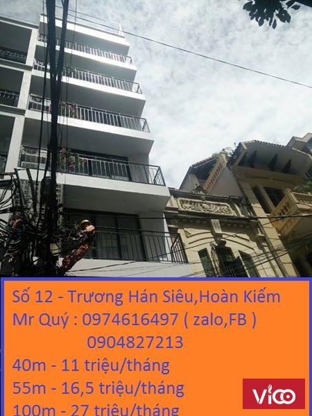 Cho thuê văn phòng mới xây,diện tích đẹp từ 40m,55m,100m,giá tốt tại số 12 Trương Hán Siêu,Hoàn Kiếm