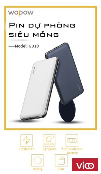 Pin Dự Phòng Wopow 10000mAh Siêu Mỏng Tích Hợp Sạc Nhanh 2.0 GD10