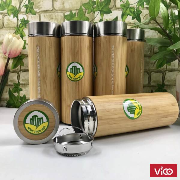 Nhận làm bình giữ nhiệt vỏ gỗ tre in logo quảng cáo theo yêu cầu