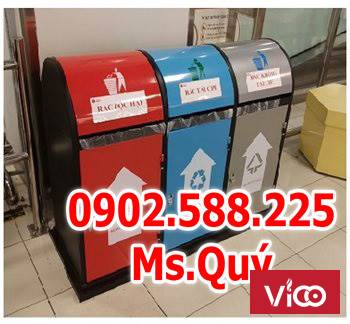 thùng rác 3 ngăn inox, thùng đựng rác 3 ngăn , Thùng Rác Phân Loại 3 Ngăn Thép Sơn Tĩnh Điện