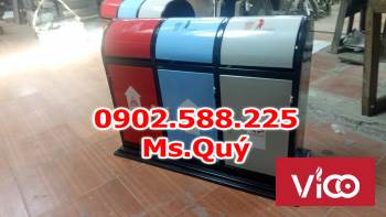thùng rác 3 ngăn inox, thùng đựng rác 3 ngăn , Thùng Rác Phân Loại 3 Ngăn Thép Sơn Tĩnh Điện