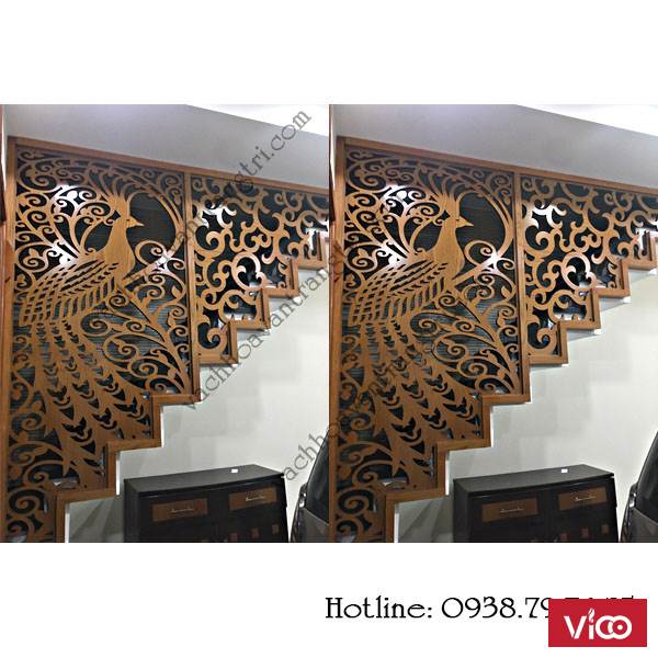 Vách ngăn hoa văn cầu thang cnc bằng gỗ không chiếm diện tích