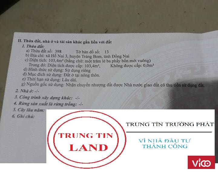 Cần bán Gấp 103,4 mét thổ cư, mặt tiền giá 1,23 tỷ tại Đồng Nai.