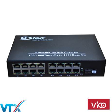 Bộ chuyển đổi quang điện 1 sợi HDTec 1Gb 16 cổng RJ45