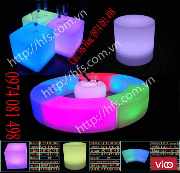 Bàn ghế nhựa led đổi màu, bàn ghế cafe led khối vuông