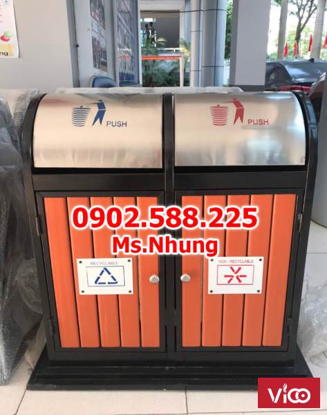 Thùng rác giả gỗ phân loại 2 ngăn