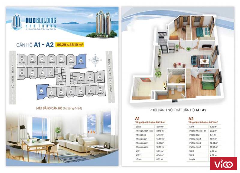Căn hộ Hud Building Nha Trang 3pn diện tích 88m2. Sổ hồng lâu dài.