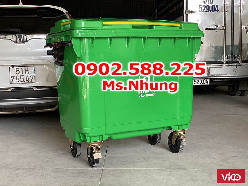 Xe rác 660 lít nhựa HDPE nguyên sinh, màu xanh lá