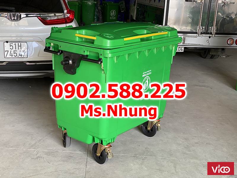 Xe rác 660 lít nhựa HDPE nguyên sinh, màu xanh lá