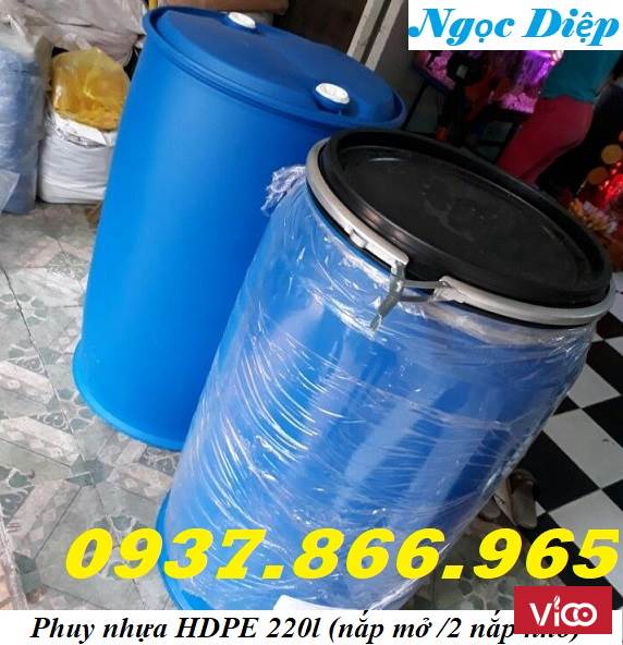 Phuy nhựa cũ, phuy nhựa đựng hóa chất, phuy nhựa HDPE, phuy nhựa khóa đai sắt
