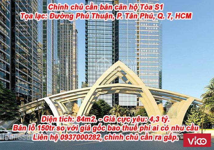 Chính chủ cần bán căn hộ Tòa S1 84m2, 2PN giá 4,3 tỷ đã nhận nhà Dự án Sunshine City Sài gòn.