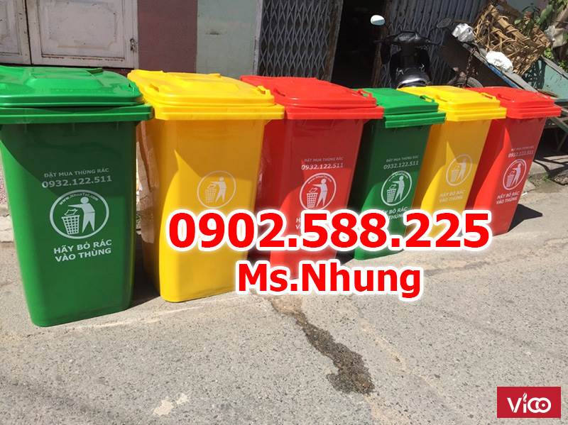 Thùng rác công cộng 240 lít nhựa HDPE, có 2 bánh xe sau