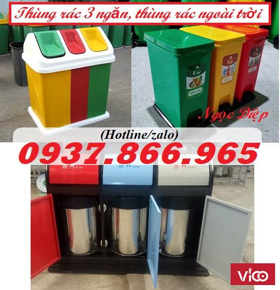 Thùng rác 3 ngăn, thùng phân loại rác 3 ngăn, thùng rác ngoài trời