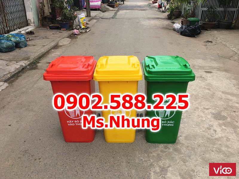Thùng rác công cộng 120 lít nhựa HDPE, thùng có 2 bánh xe đẩy sau