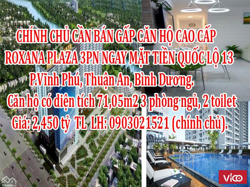 CHÍNH CHỦ CẦN BÁN GẤP CĂN HỘ CAO CẤP ROXANA PLAZA 3PN NGAY MẶT TIỀN QUỐC LỘ 13. LH 0906672815