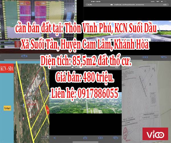Chính chủ cần bán đất tại Thôn Vĩnh Phú, KCN Suối Dầu, Xã Suối Tân, Huyện Cam Lâm, Khánh Hòa