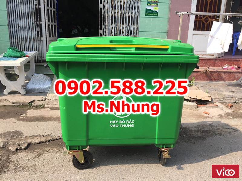 Thùng rác 660 lít nhựa HDPE nguyên sinh, màu xanh lá, có lỗ thoát nước