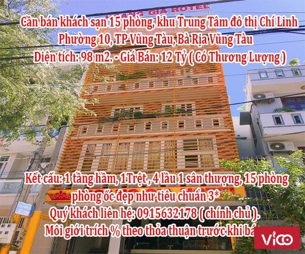 Cần bán khách sạn 15 phòng, khu Trung Tâm đô thị Chí Linh, Phường 10, TP Vũng Tàu, Bà Rịa Vũng Tàu.