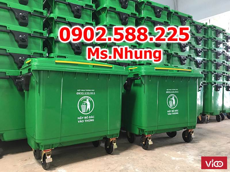 Xe rác 660 lít nhựa HDPE nguyên sinh, thùng màu xanh lá, có 4 bánh xe đẩy