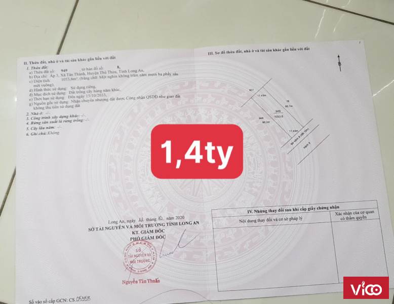 Bán đất vị trí cực đẹp xã tân thành, huyện thủ thừa, long an 1053m2, giá 1.4 tỷ