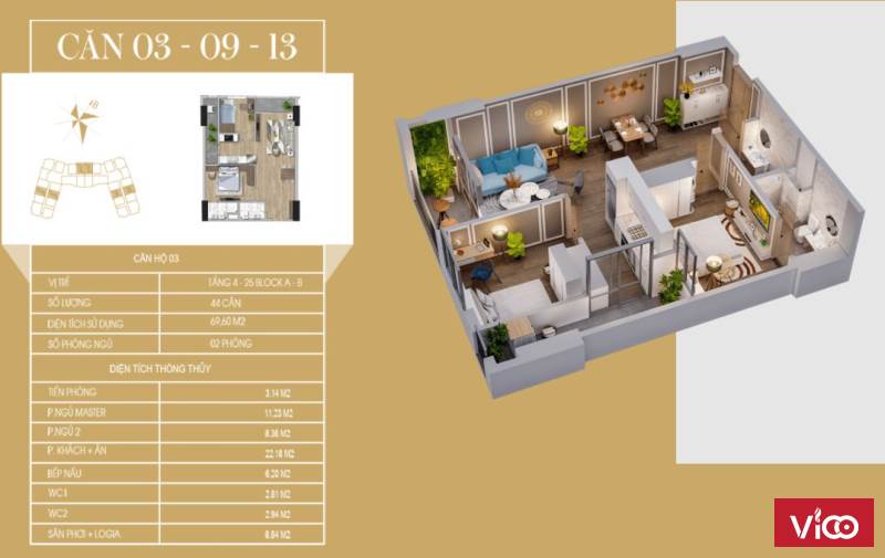 Căn hộ 02PN, DT63M2 Giá thanh toán sớm chỉ từ 1,7 Tỷ Thiết kế 02 lô gia thông thoáng