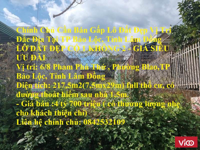 Chính Chủ Cần Bán Gấp Lô Đất Đẹp Vị Trí Đắc Địa Tại TP Bảo Lộc, Tỉnh Lâm Đồng