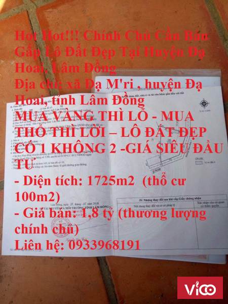 Hot Hot!!! Chính Chủ Cần Bán Gấp Lô Đất Đẹp Tại Huyện Đạ Hoai, Lâm Đồng