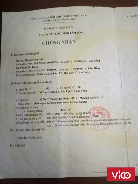 BÁN LÔ ĐẤT MẶT TIỀN VỊ TRÍ ĐẸP TẠI XÃ LỘC CHÂU, TP. BẢO LỘC, LÂM ĐỒNG