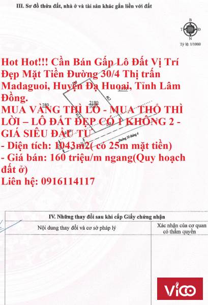 Hot Hot!!! Cần Bán Gấp Lô Đất Vị Trí Đẹp Mặt Tiền Đường 30/4 Thị trấn Madaguoi, Huyện Đạ Huoai,