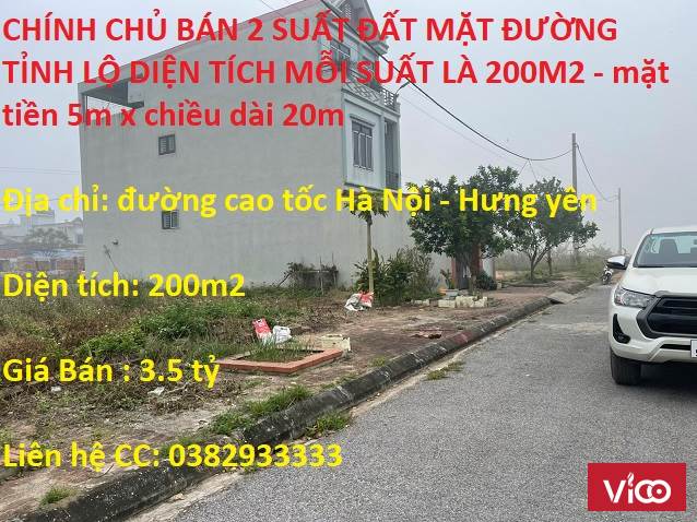 CHÍNH CHỦ BÁN 2 SUẤT ĐẤT MẶT ĐƯỜNG TỈNH LỘ DIỆN TÍCH MỖI SUẤT LÀ 200M2