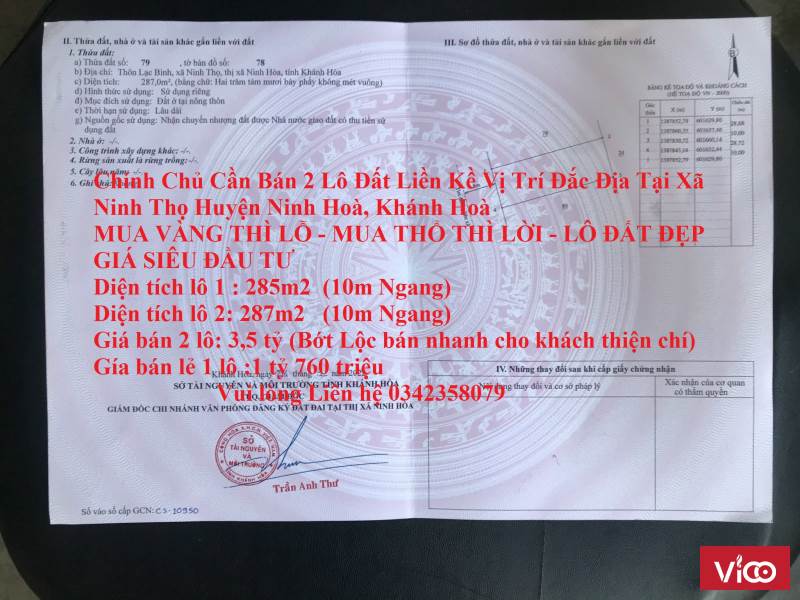 Chính Chủ Cần Bán 2 Lô Đất Liền Kề Vị Trí Đắc Địa Tại Xã Ninh Thọ Huyện Ninh Hoà, Khánh Hoà