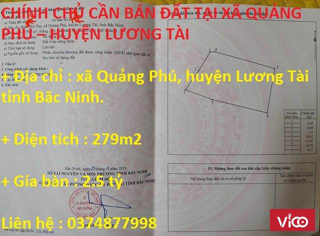 CHÍNH CHỦ CẦN BÁN ĐẤT TẠI XÃ QUẢNG PHÚ HUYỆN LƯƠNG TÀI TỈNH BẮC NINH.