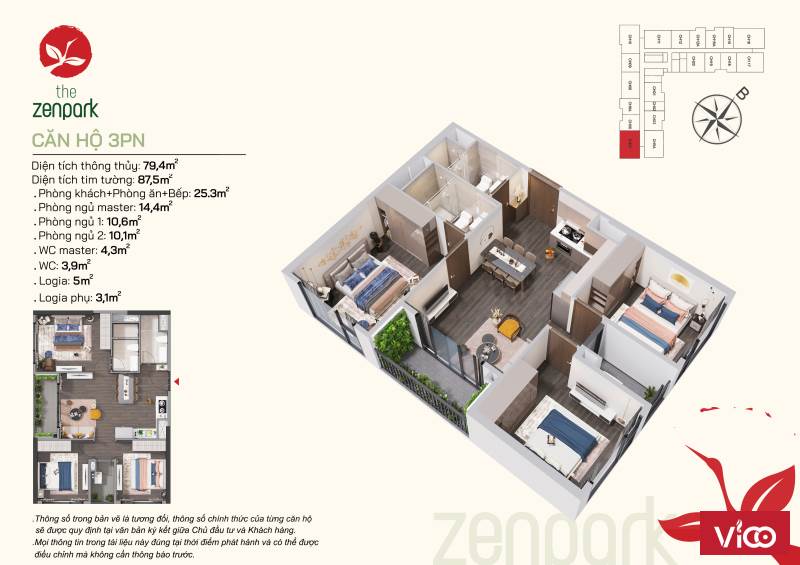 căn hộ 3pn chung cư cao cấp the zenpark (ruby) tại Vinhomes Ocean park gia lâm