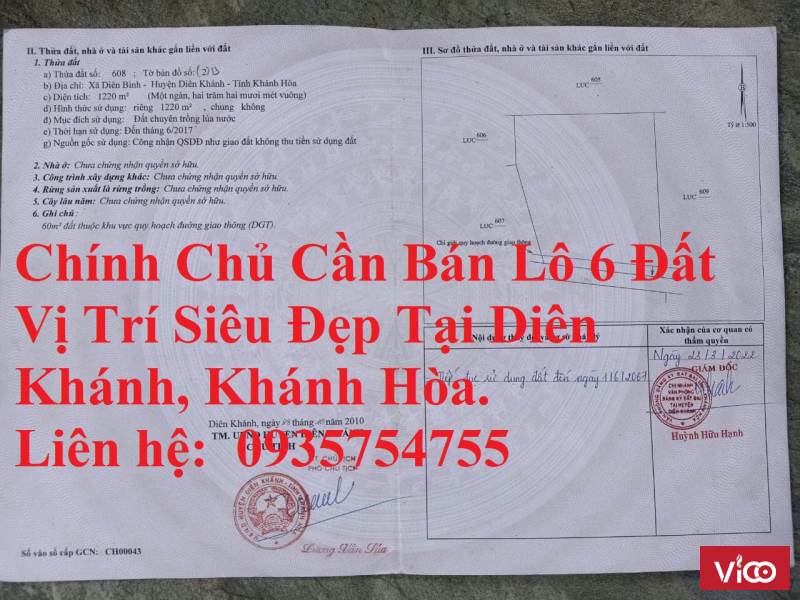 Chính Chủ Cần Bán Lô 6 Đất Vị Trí Siêu Đẹp Tại Diên Khánh, Khánh Hòa.