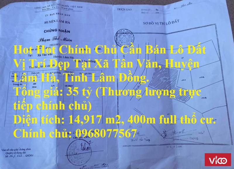 Hot Hot Chính Chủ Cần Bán Lô Đất Vị Trí Đẹp Tại Xã Tân Văn, Huyện Lâm Hà, Tỉnh Lâm Đồng.