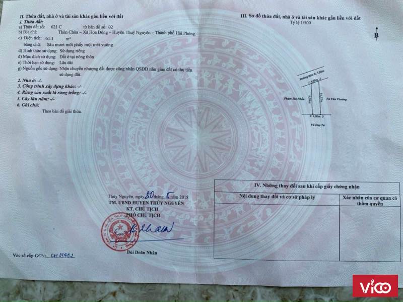 Bán đất mặt đường liên thôn xã Hoa Động, Thuỷ Nguyên, Hải Phòng.