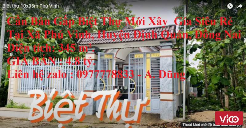 Cần Bán Gấp Biệt Thự Mới Xây Gía Siêu Rẻ Tại Xã Phú Vinh, Huyện Định Quán, Đồng Nai