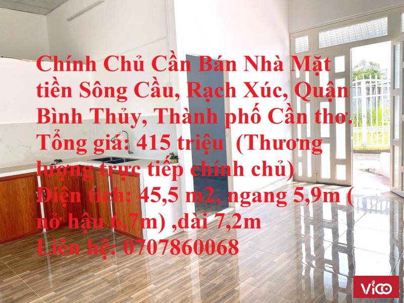 Chính Chủ Cần Bán Nhà Mặt tiền Sông Cầu, Rạch Xúc, Quận Bình Thủy, Thành phố Cần thơ.