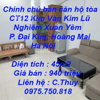 Chính chủ bán căn hộ tòa CT12 Kim Văn Kim Lũ, Đường Nghiêm Xuân Yêm, Phường Đại Kim, Hoàng Mai, Hà