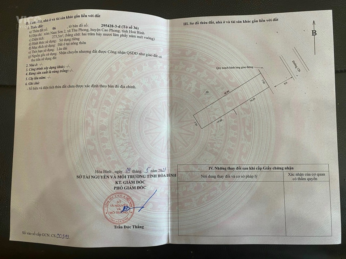 Bán 275.5 m2 full thổ cư mặt đường Quốc Lộ 12B cách Quốc lộ 6 chỉ 600m