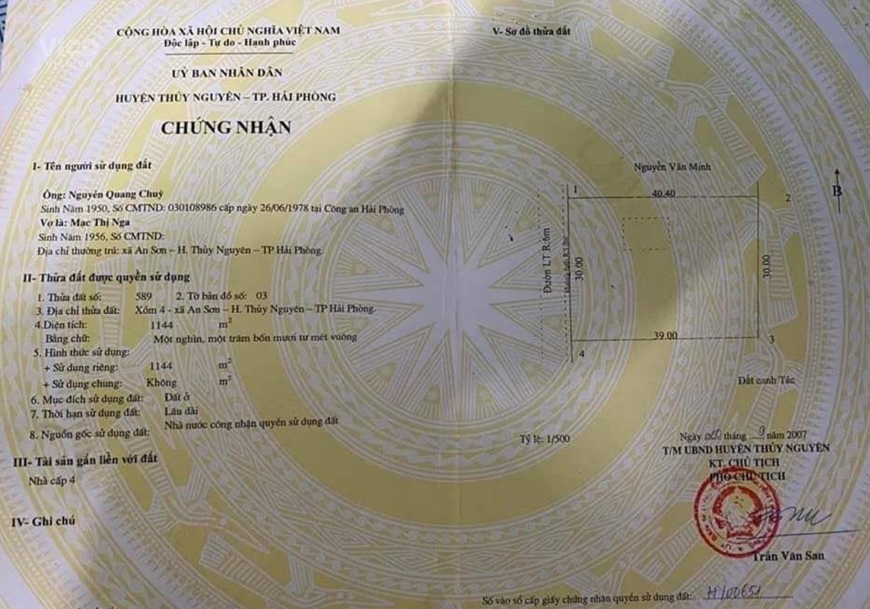 Bán nhanh mảnh đất Mặt liên thôn xã An Sơn, Thủy Nguyên, Hải Phòng